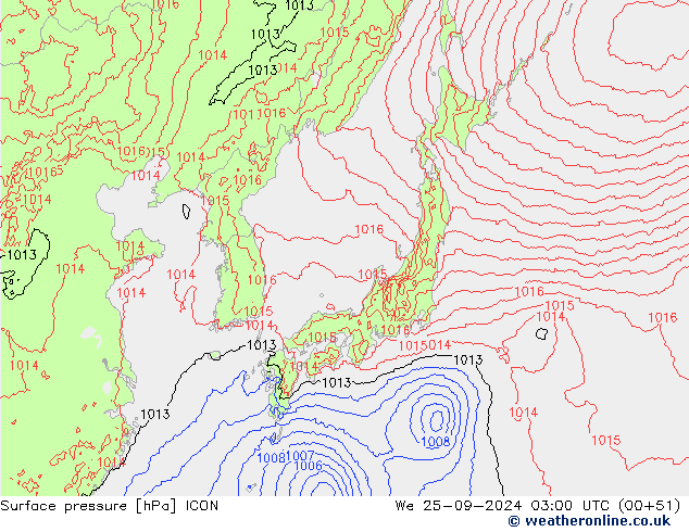 Yer basıncı ICON Çar 25.09.2024 03 UTC