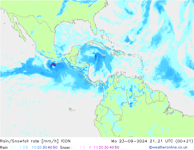 Rain/Snowfall rate ICON lun 23.09.2024 21 UTC