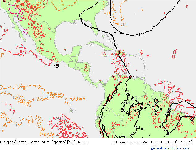 Height/Temp. 850 hPa ICON Tu 24.09.2024 12 UTC