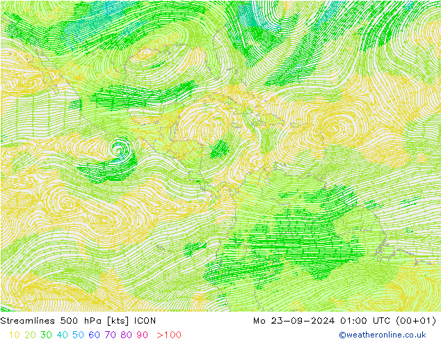 Linia prądu 500 hPa ICON pon. 23.09.2024 01 UTC