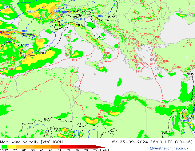 Max. wind snelheid ICON wo 25.09.2024 18 UTC