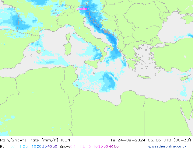 Rain/Snowfall rate ICON Tu 24.09.2024 06 UTC