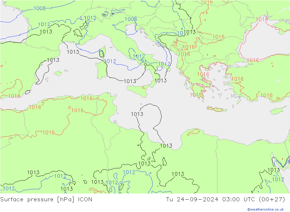 Surface pressure ICON Tu 24.09.2024 03 UTC