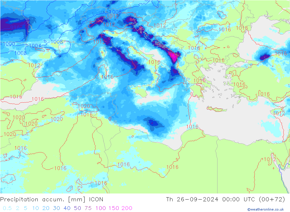 Precipitación acum. ICON jue 26.09.2024 00 UTC