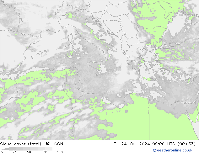 zachmurzenie (suma) ICON wto. 24.09.2024 09 UTC