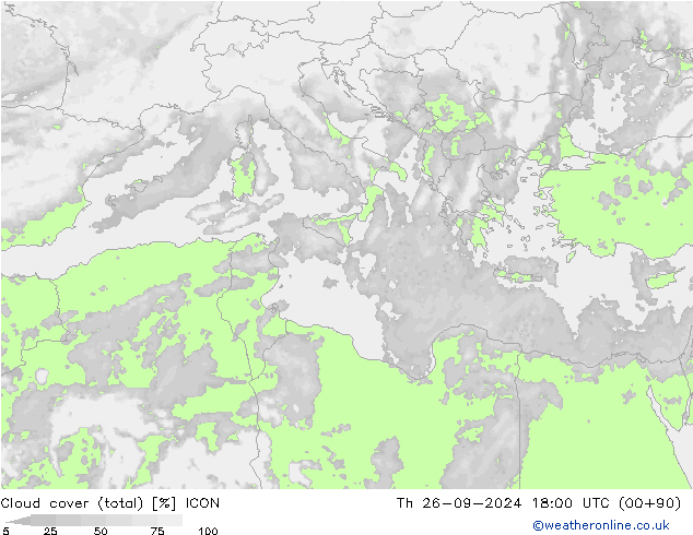 Cloud cover (total) ICON Čt 26.09.2024 18 UTC