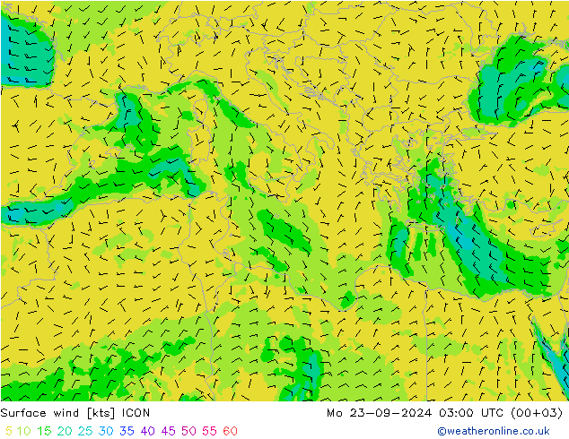 Surface wind ICON Mo 23.09.2024 03 UTC