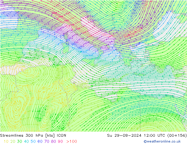 Linia prądu 300 hPa ICON nie. 29.09.2024 12 UTC