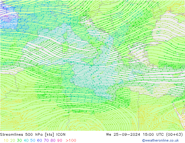 Streamlines 500 hPa ICON We 25.09.2024 15 UTC