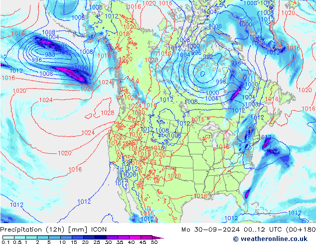 Precipitation (12h) ICON Mo 30.09.2024 12 UTC