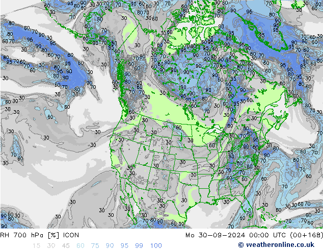 RH 700 hPa ICON Mo 30.09.2024 00 UTC