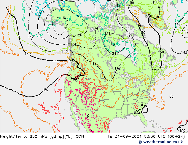 Height/Temp. 850 hPa ICON Tu 24.09.2024 00 UTC