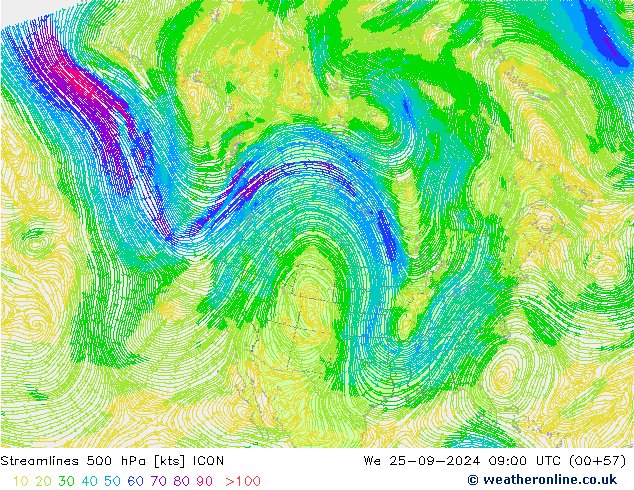 Streamlines 500 hPa ICON We 25.09.2024 09 UTC