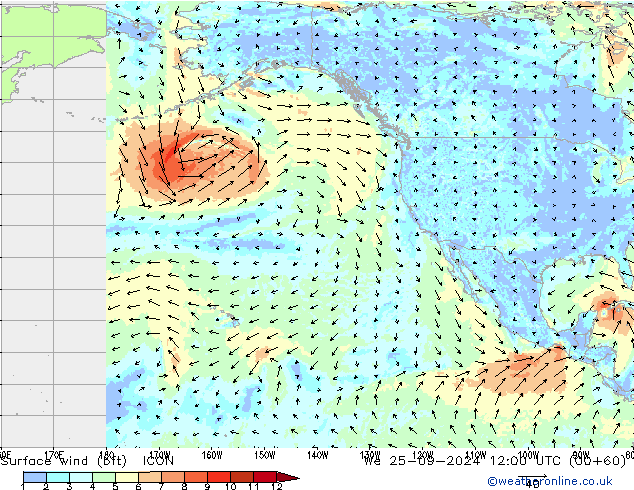 wiatr 10 m (bft) ICON śro. 25.09.2024 12 UTC