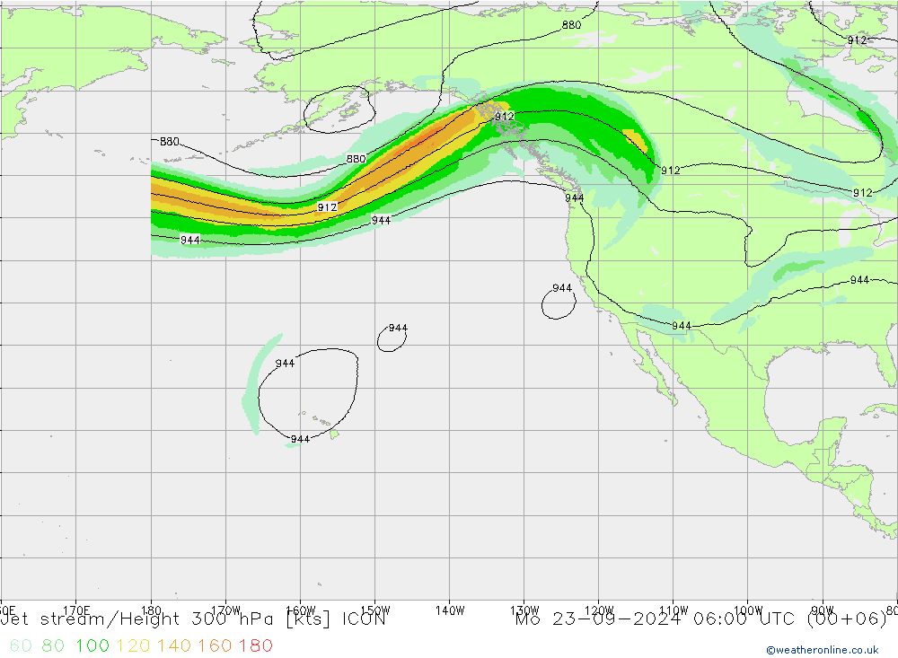 Jet stream/Height 300 hPa ICON Mo 23.09.2024 06 UTC