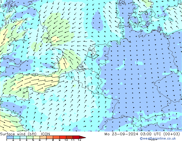 Vent 10 m (bft) ICON lun 23.09.2024 03 UTC