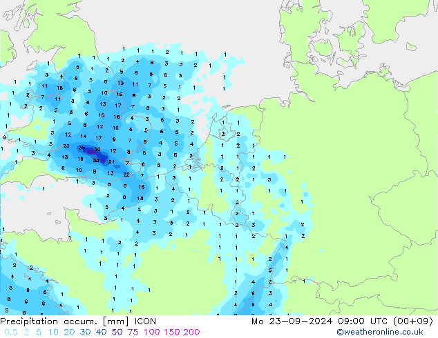 Totale neerslag ICON ma 23.09.2024 09 UTC