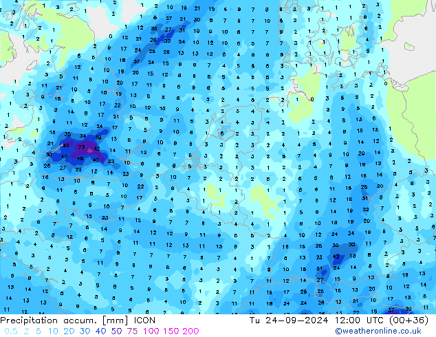 Precipitation accum. ICON Út 24.09.2024 12 UTC