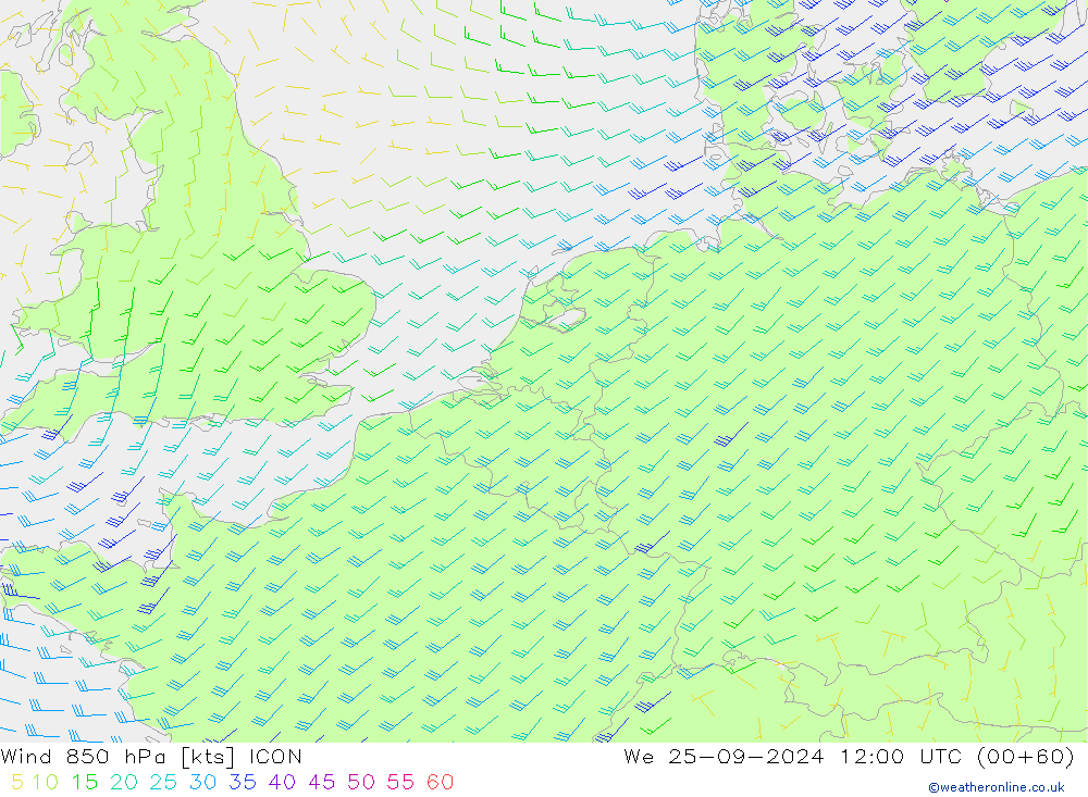 Viento 850 hPa ICON mié 25.09.2024 12 UTC