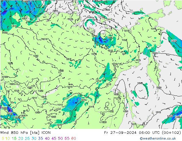 Vento 850 hPa ICON ven 27.09.2024 06 UTC