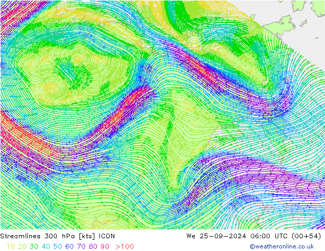 Streamlines 300 hPa ICON We 25.09.2024 06 UTC