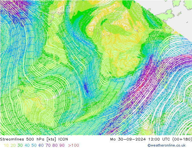 Línea de corriente 500 hPa ICON lun 30.09.2024 12 UTC