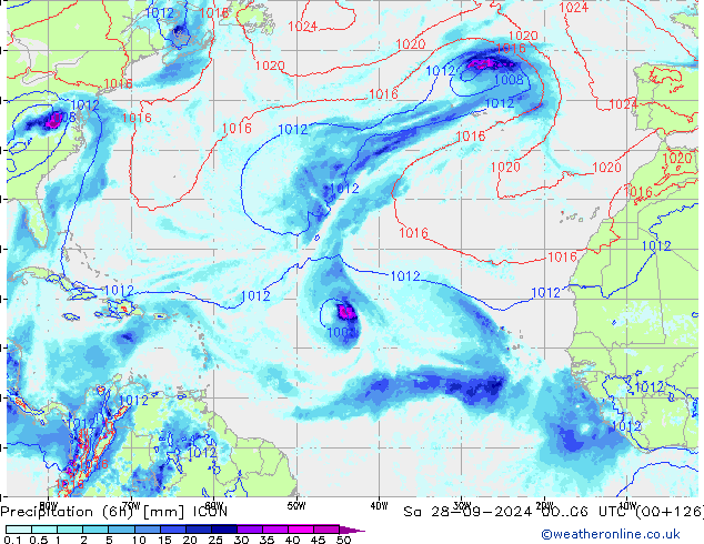 осадки (6h) ICON сб 28.09.2024 06 UTC