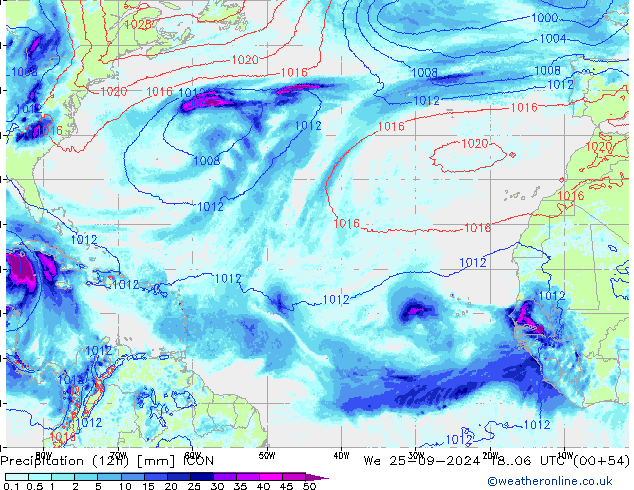 Totale neerslag (12h) ICON wo 25.09.2024 06 UTC