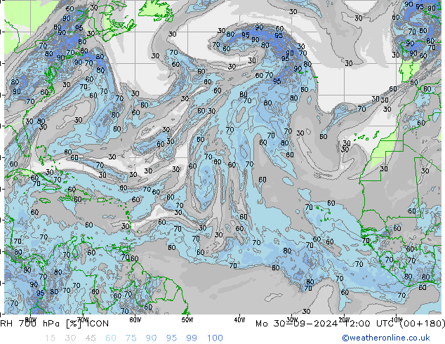 RH 700 hPa ICON Mo 30.09.2024 12 UTC