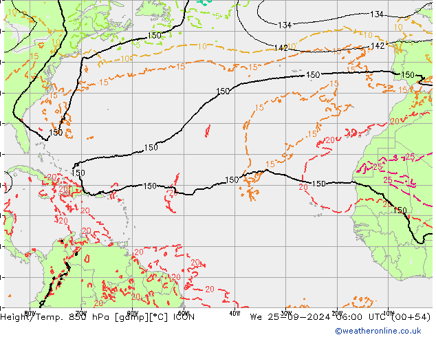 Height/Temp. 850 hPa ICON mer 25.09.2024 06 UTC