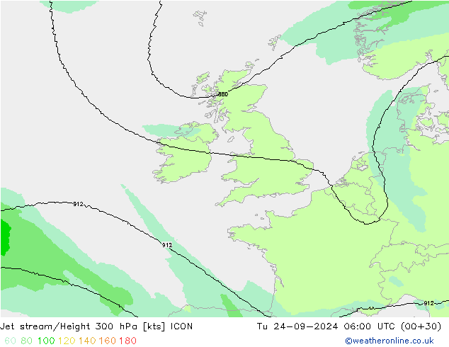 Jet stream/Height 300 hPa ICON Tu 24.09.2024 06 UTC