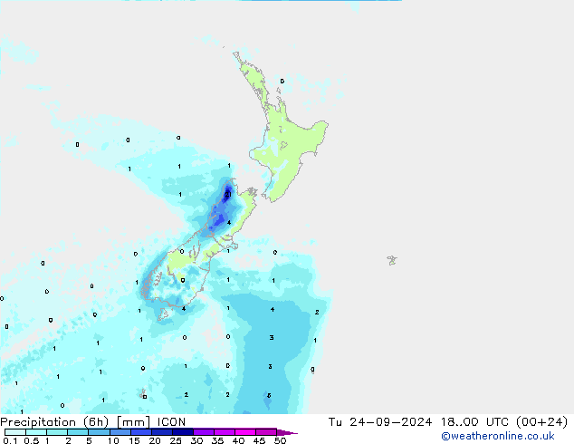 Totale neerslag (6h) ICON di 24.09.2024 00 UTC