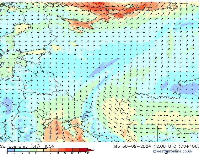 Wind 10 m (bft) ICON ma 30.09.2024 12 UTC