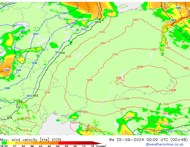 Max. wind velocity ICON mer 25.09.2024 00 UTC