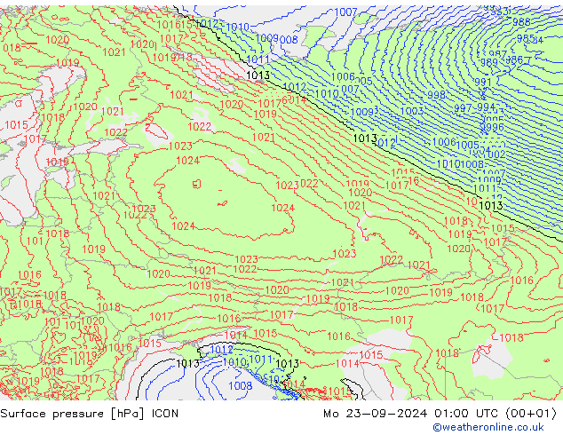 Surface pressure ICON Mo 23.09.2024 01 UTC