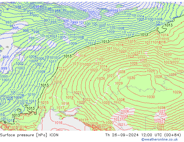 Pressione al suolo ICON gio 26.09.2024 12 UTC