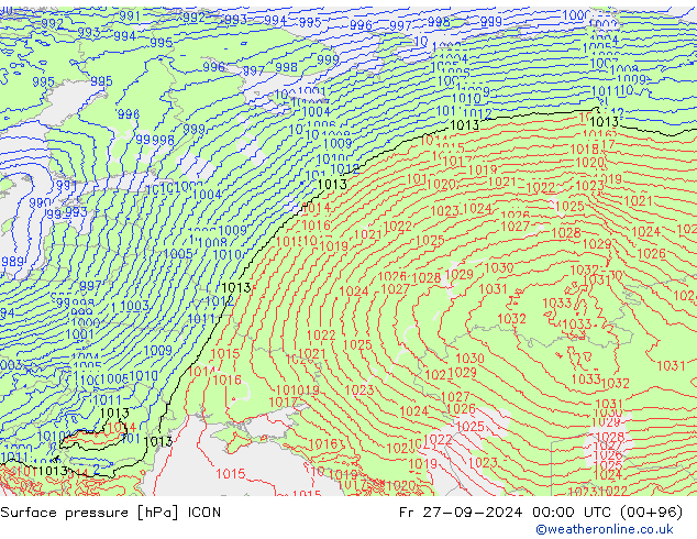 Luchtdruk (Grond) ICON vr 27.09.2024 00 UTC