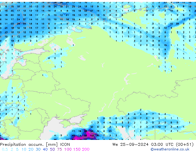 Precipitación acum. ICON mié 25.09.2024 03 UTC