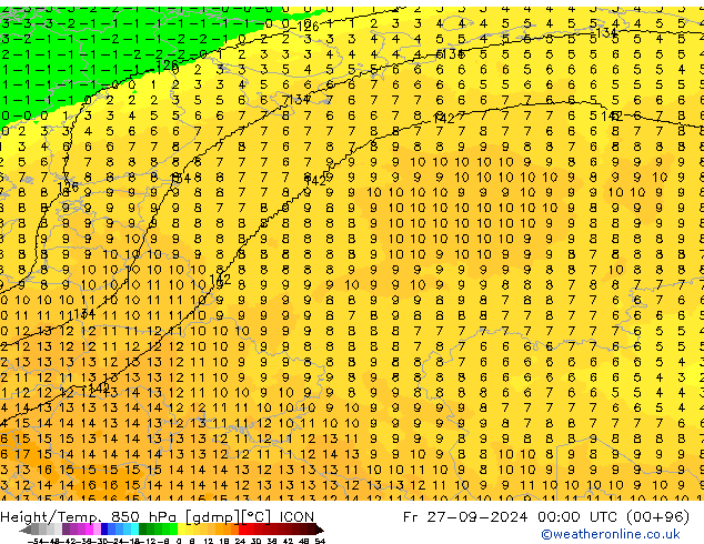 Hoogte/Temp. 850 hPa ICON vr 27.09.2024 00 UTC