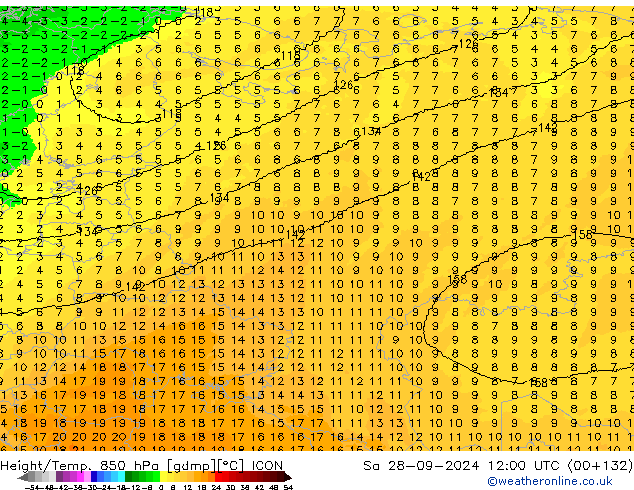 Height/Temp. 850 hPa ICON Sa 28.09.2024 12 UTC