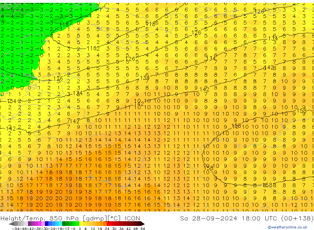 Height/Temp. 850 hPa ICON Sa 28.09.2024 18 UTC