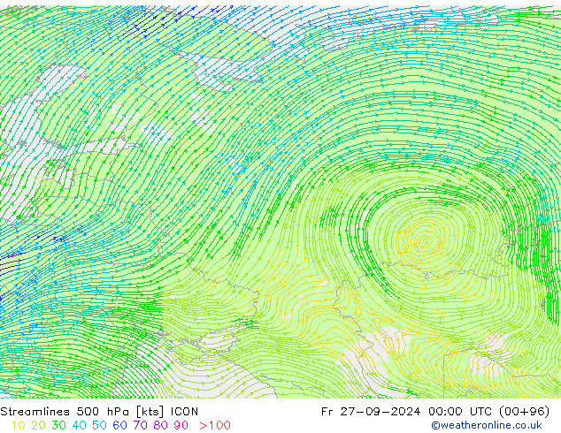 Stroomlijn 500 hPa ICON vr 27.09.2024 00 UTC