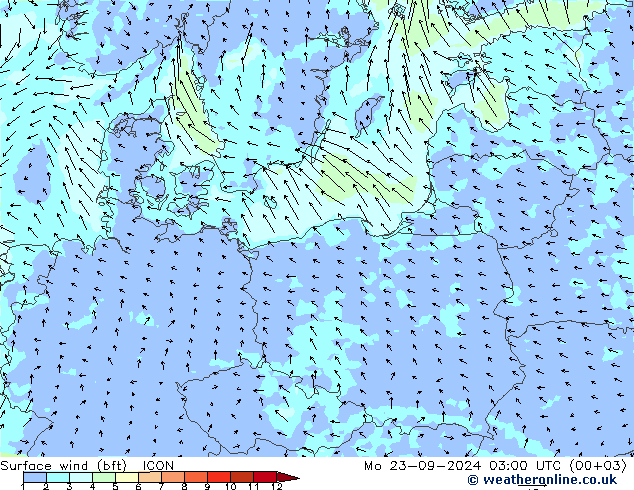 Surface wind (bft) ICON Mo 23.09.2024 03 UTC