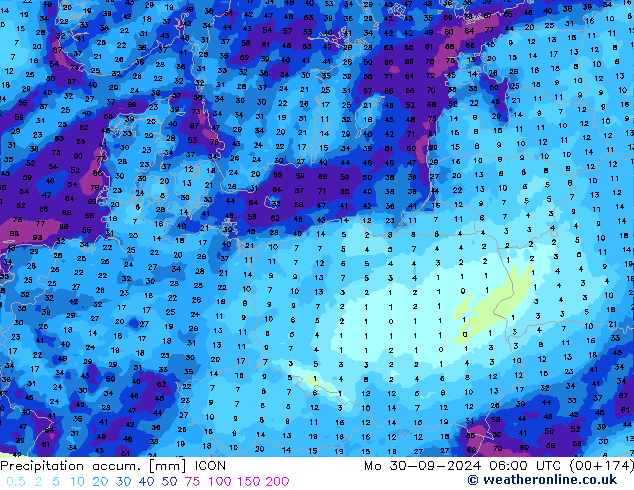 Totale neerslag ICON ma 30.09.2024 06 UTC