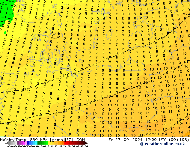 Height/Temp. 850 hPa ICON Fr 27.09.2024 12 UTC