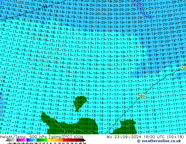 Height/Temp. 500 hPa ICON Mo 23.09.2024 18 UTC