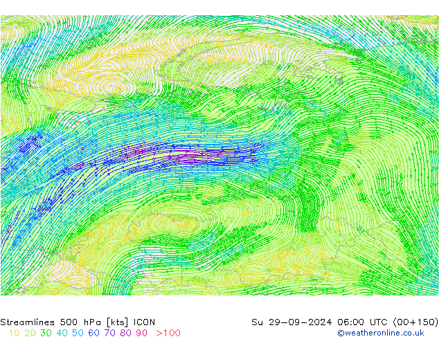 Ligne de courant 500 hPa ICON dim 29.09.2024 06 UTC