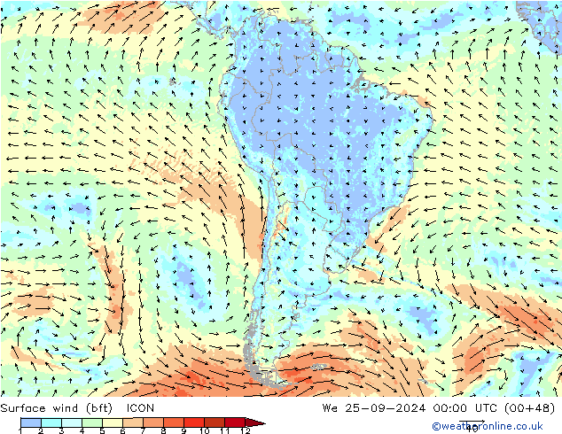 Bodenwind (bft) ICON Mi 25.09.2024 00 UTC