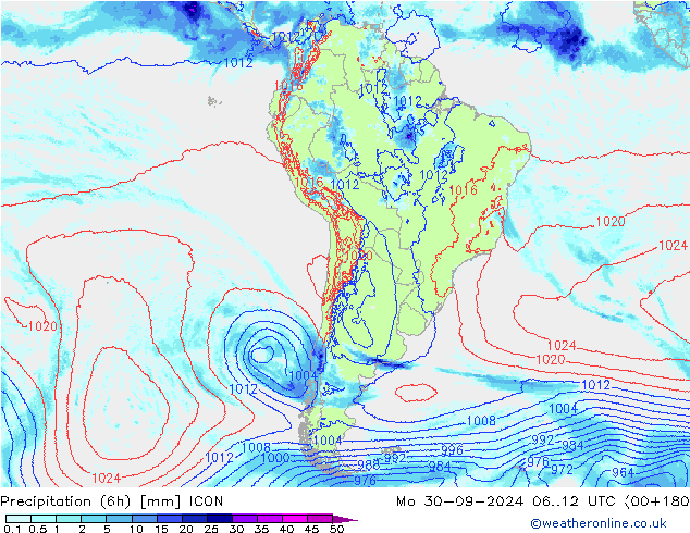 Totale neerslag (6h) ICON ma 30.09.2024 12 UTC