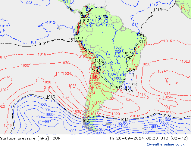 Surface pressure ICON Th 26.09.2024 00 UTC